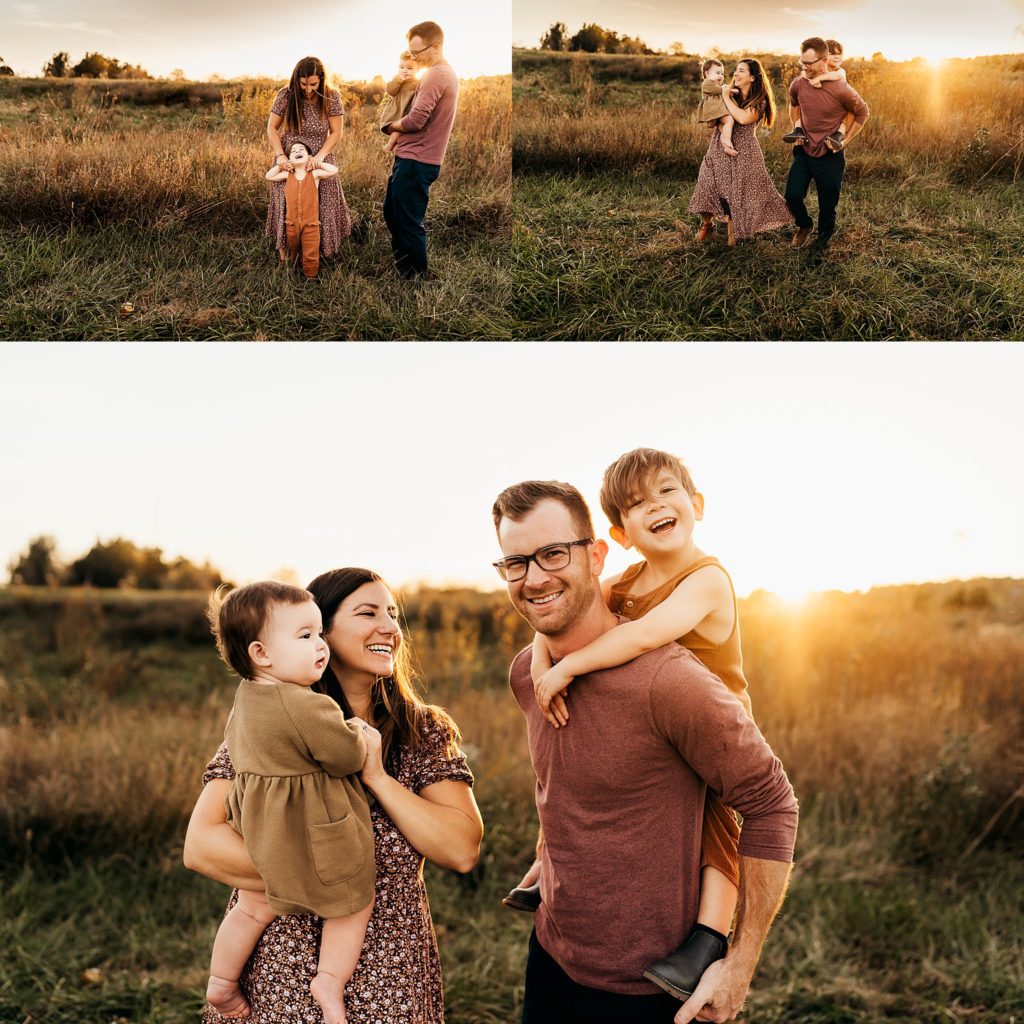 family playing in field together during a family photography session in St. Louis 