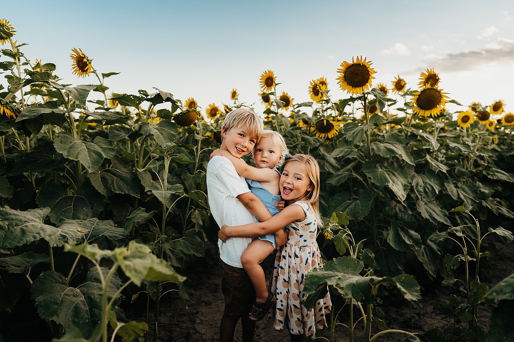kids standing in sunflower field