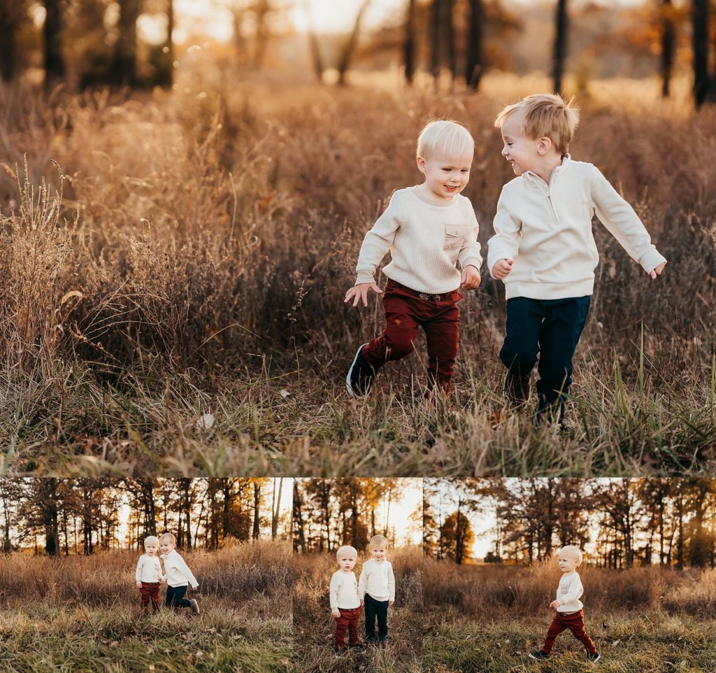 sibling boys running through the field 
