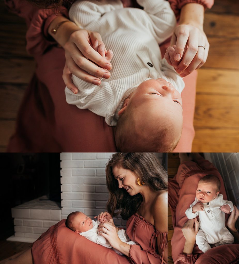 mom holding newborn son for a session with St. Louis Newborn photographer 