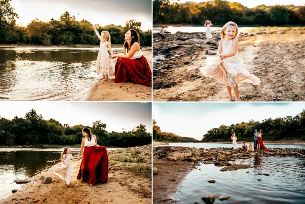 family playing in a river during one of the best locations for a family session in St. Louis 
