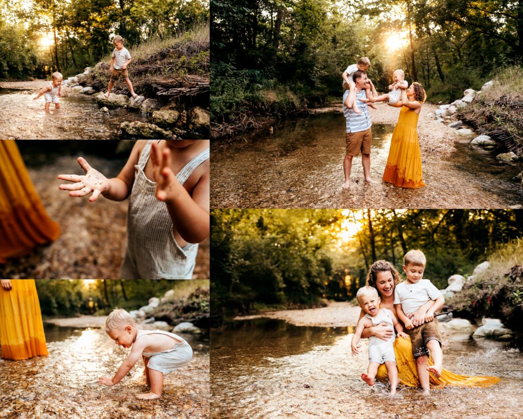 family playing in a creek in St. Louis 