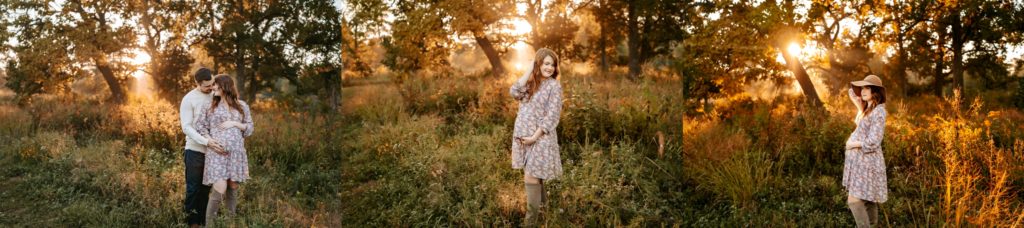pregnant woman posing in a field at sunrise at of the best locations for a family session. 