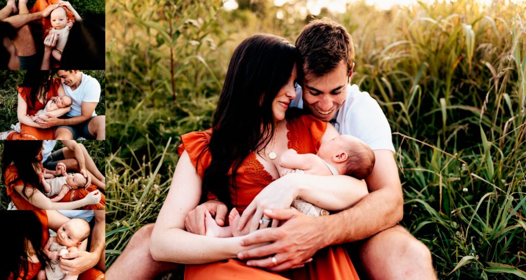 mom and ad snuggling a new baby on the ground during an outdoor lifestyle newborn session 