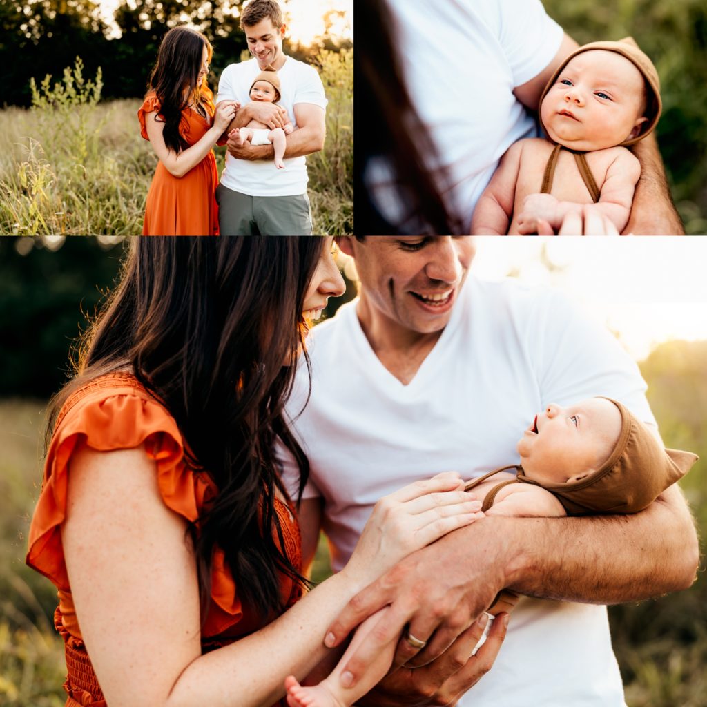 mom and dad holding an infant during an outdoor lifestyle newborn session in St. Louis 