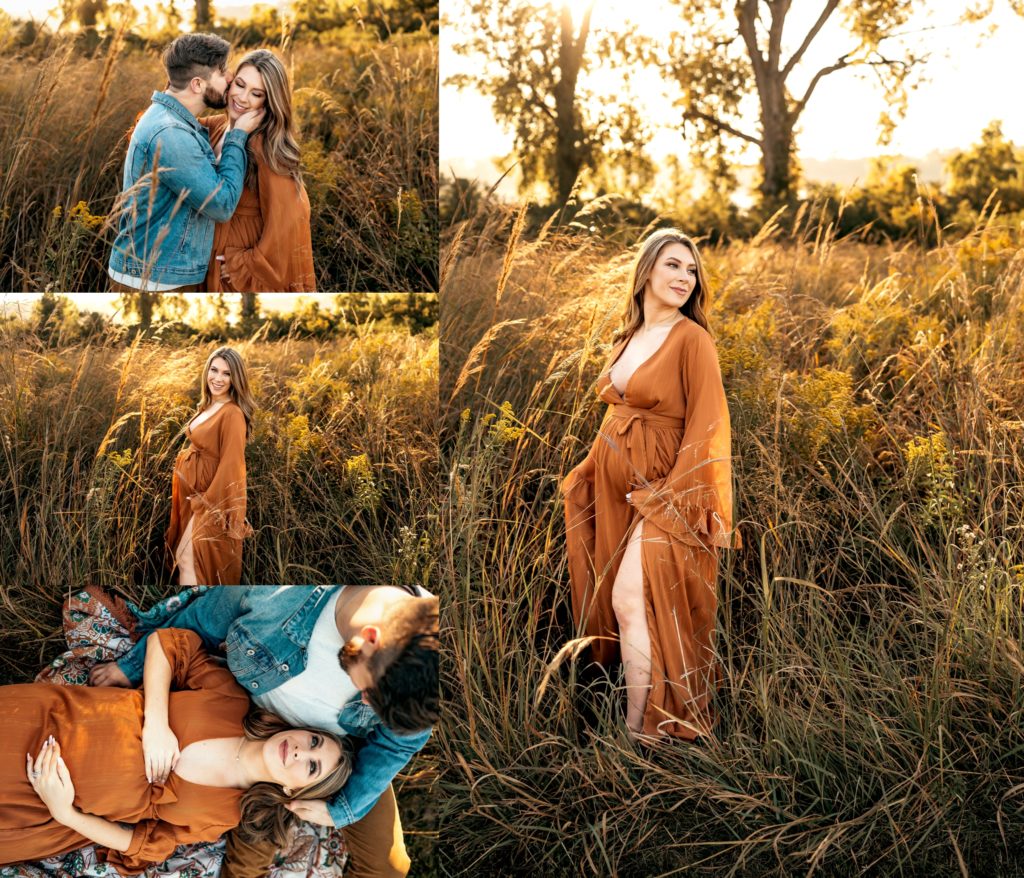maternity session with a couple and mom in an orange dress